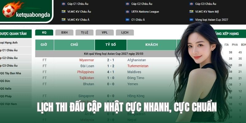 Lịch thi đấu cập nhật cực nhanh, cực chuẩn